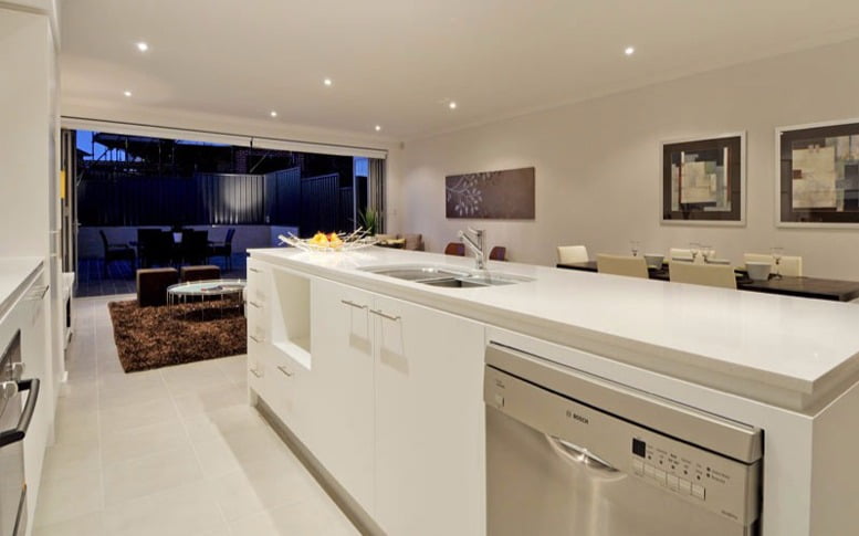 Modern white kitchen cabinets with chrome hardware